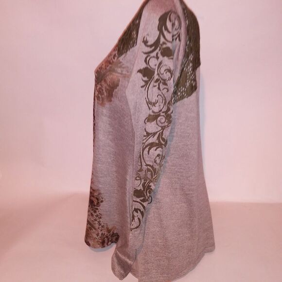 One World Knit Top Plus Size 1X Green Crochet Studded Bling Long Sleeve Boho - Picture 6 of 9